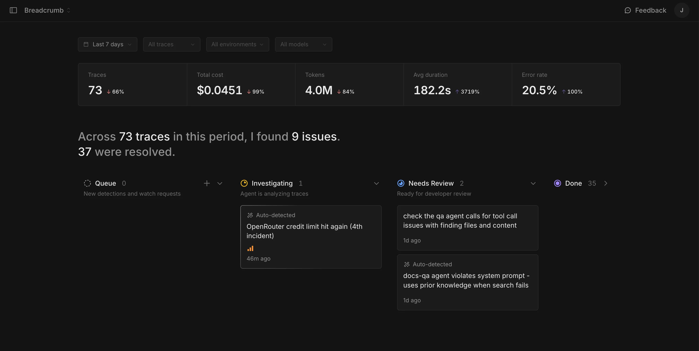 Breadcrumb LLM tracing dashboard showing traces, token counts, latency, and costs